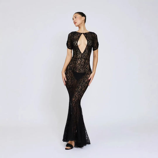 Damen Spitzenkleid mit tiefem Ausschnitt und ausgestelltem Schnitt R&B
