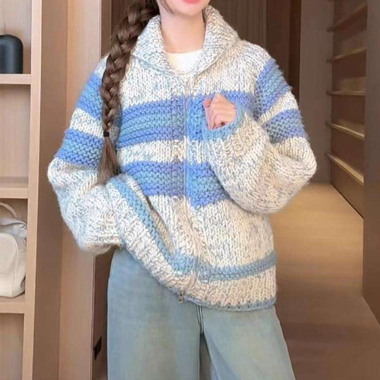 Damen Strickjacke mit breiten Streifen und hochwertigem Reißverschluss R&B