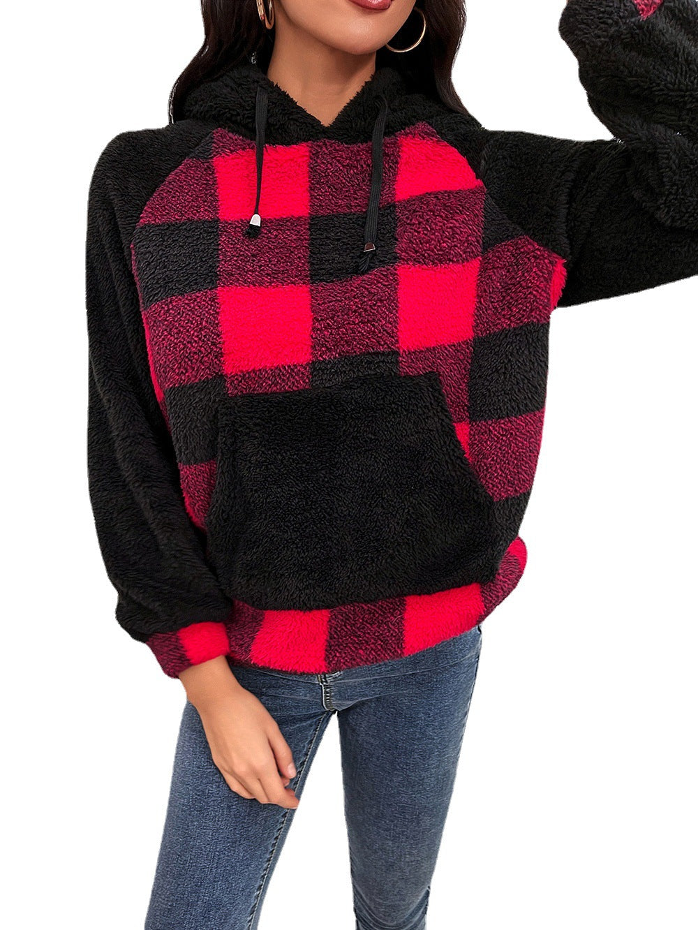 Damen kuscheliger Fleece-Hoodie im modernen Karomuster