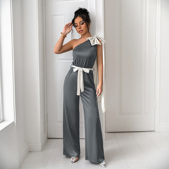 Damen eleganter Jumpsuit mit asymmetrischem Ausschnitt und dekorativem Taillengürtel R&B