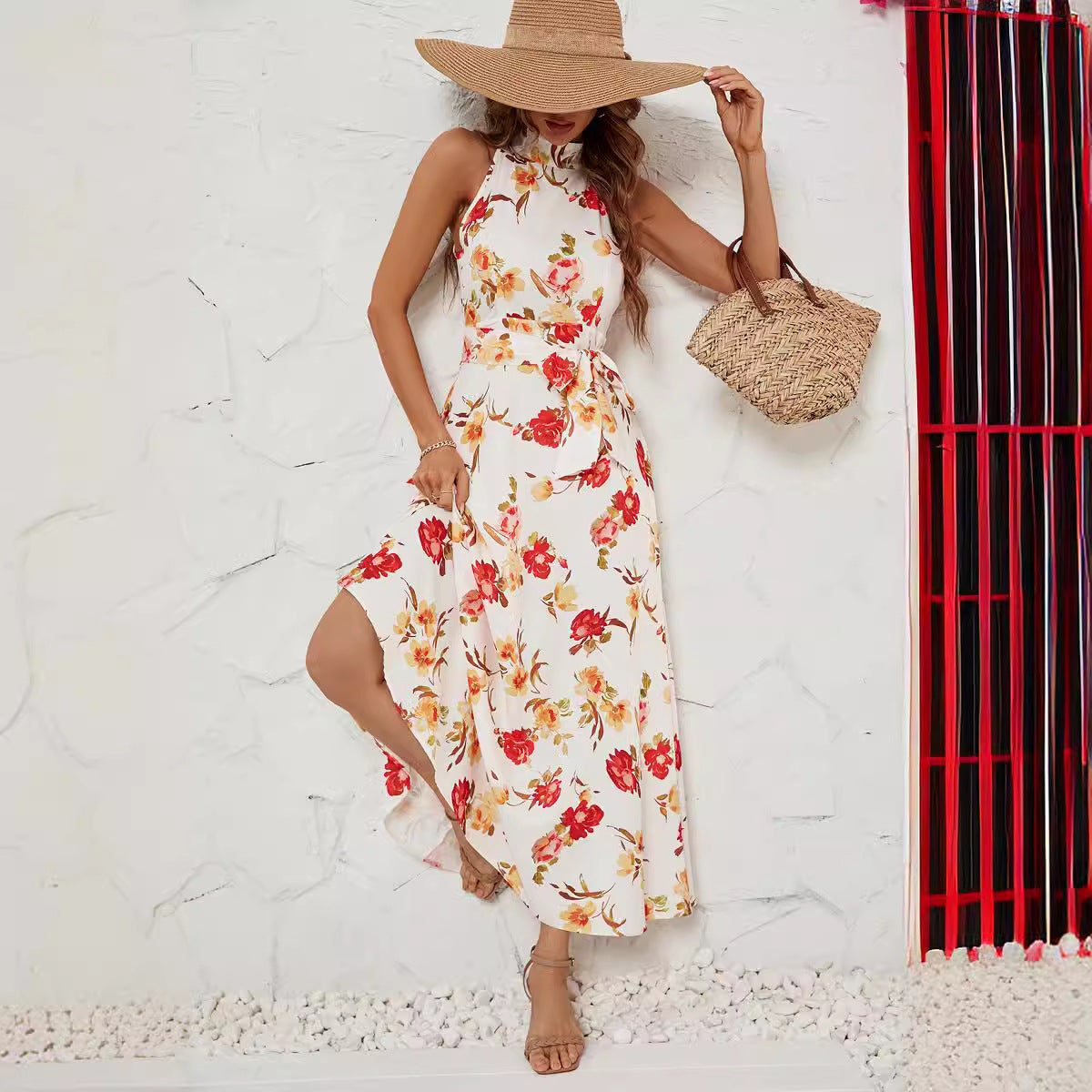 Damen Maxikleid mit hochgeschlossenem Design und floralem Gürtel R&B
