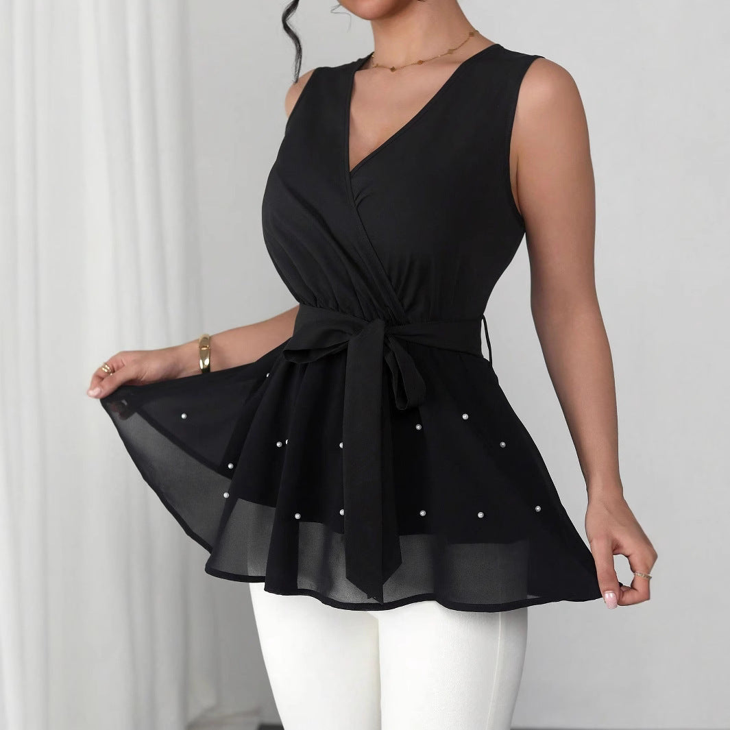Damen Elegantes Wickeloberteil mit dekorativen Perlen R&B