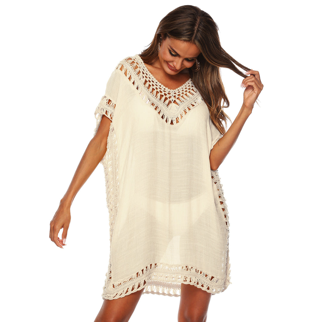 Damen Häkel-Strandüberwurf mit elegantem V-Ausschnitt und fransigen Details R&B