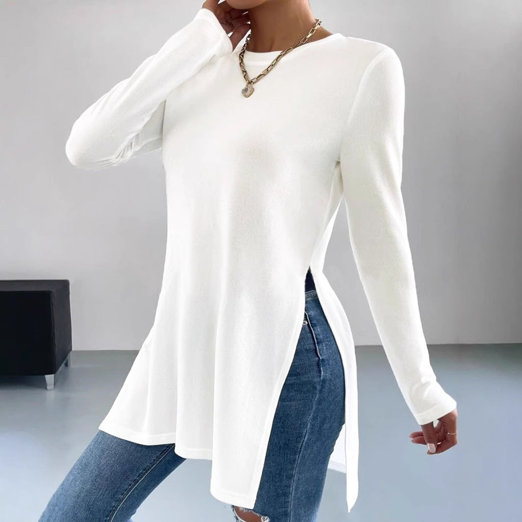 Damen asymmetrisches Longsleeve-Oberteil mit seitlichen Schlitzen und lässigem Schnitt R&B