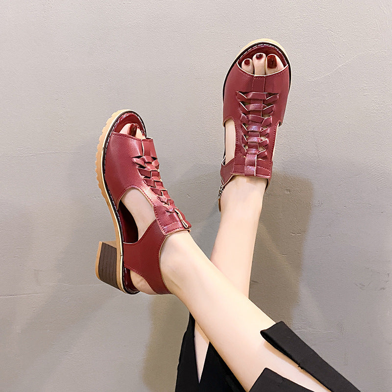 Damen elegante Sandalen mit geflochtenen Riemen und komfortablem Blockabsatz R&B
