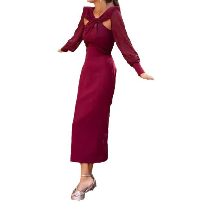 Damen elegantes Abendkleid mit tiefem V-Ausschnitt und transparenter Rückenpartie R&B