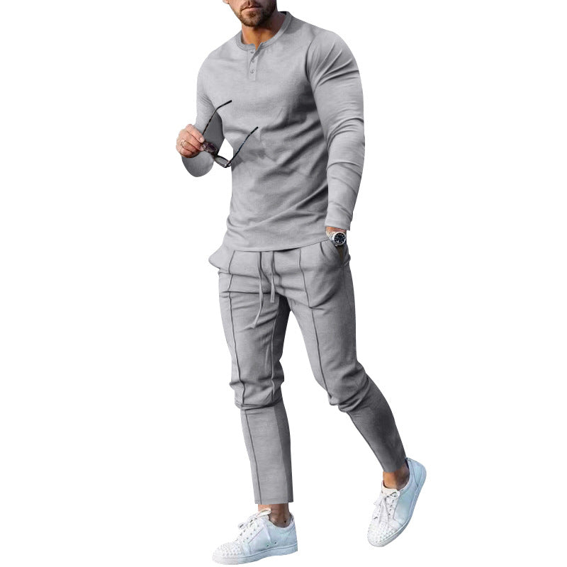 Herren athletisches Freizeit-Ensemble mit langärmligem Henley-Oberteil und bequemen Jogginghosen R&B