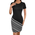 Damen figurbetontes Kurzarmkleid mit grafischem Design und Rundhalsausschnitt R&B