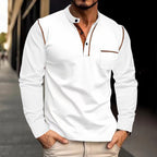 Herren nan Langarmshirt mit Mandarin-Kragen Brusttasche und Kontrastziernähten R&B