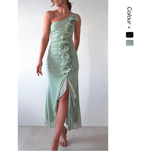 Damen Elegantes Rüschen-Maxi-Kleid im Stile einer Seite mit hohem Schlitz R&B