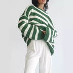 Damen lässiger gehäkelter Pullover mit modernen Blockstreifen R&B