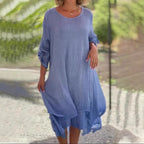 Damen nan weites Musselin-Midikleid mit rundem Halsausschnitt, krempelbaren halblangen Ärmeln und mehrlagigem Stufenrock R&B