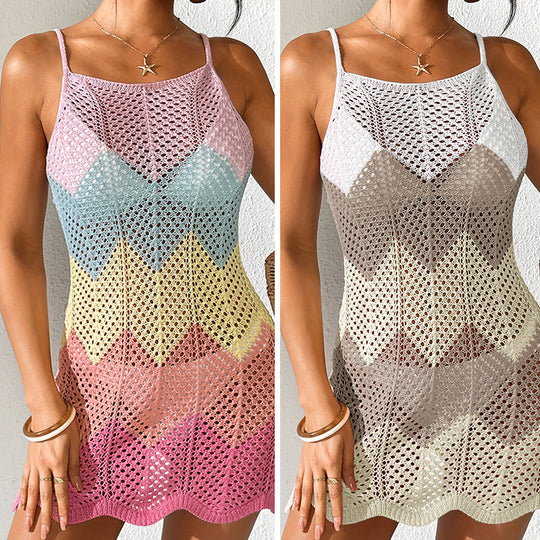 Damen Häkel-Strandkleid mit V-Ausschnitt und Zickzackmuster R&B