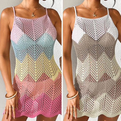 Damen Häkel-Strandkleid mit V-Ausschnitt und Zickzackmuster R&B
