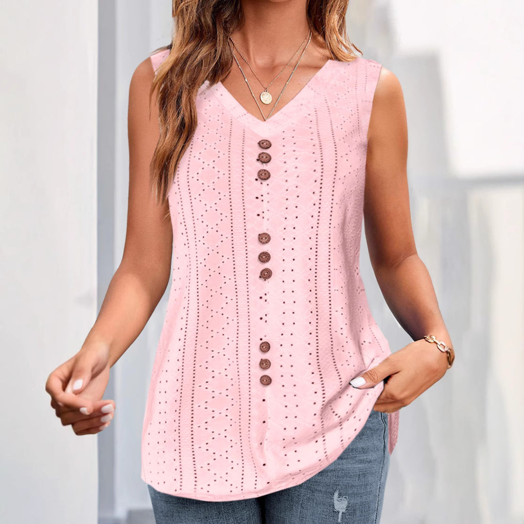 Damen nan ärmelloses Broderie-Anglaise-Top mit V-Ausschnitt und dekorativer Zierknopfleiste R&B
