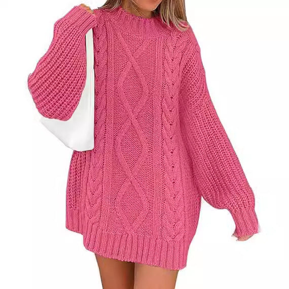 Damen Grobstrick Pulloverkleid mit asymmetrischem Saum und Zopfdesign R&B