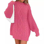Damen Grobstrick Pulloverkleid mit asymmetrischem Saum und Zopfdesign