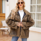 Damen Flauschige Kunstpelzjacke mit Umlegekragen und lockerer Passform R&B