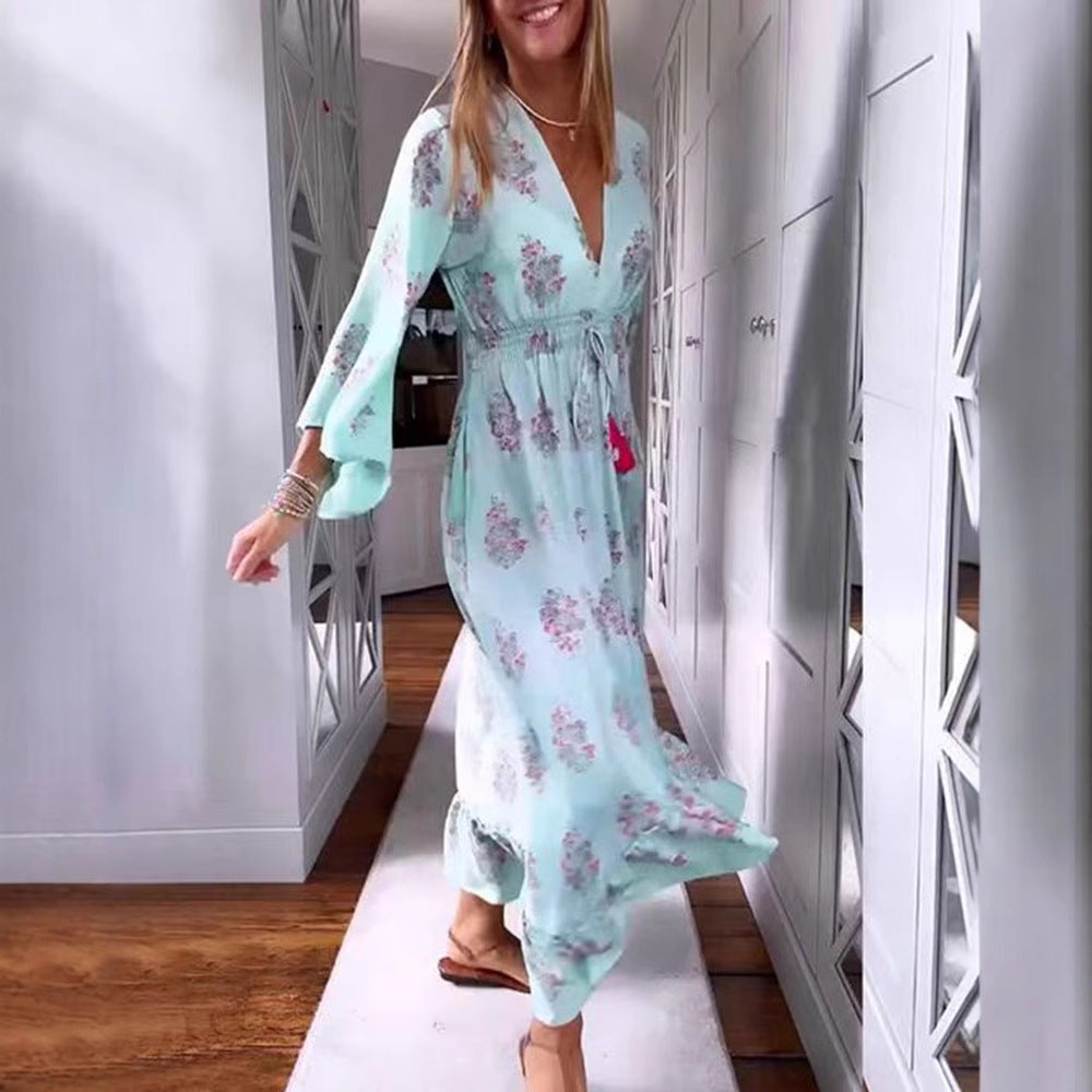 Damen nan luftig-fließendes Boho-Midikleid mit V-Ausschnitt, geraffter Smock-Taille, Kordelzug mit Quasten und asymmetrischem Volant-Saum R&B