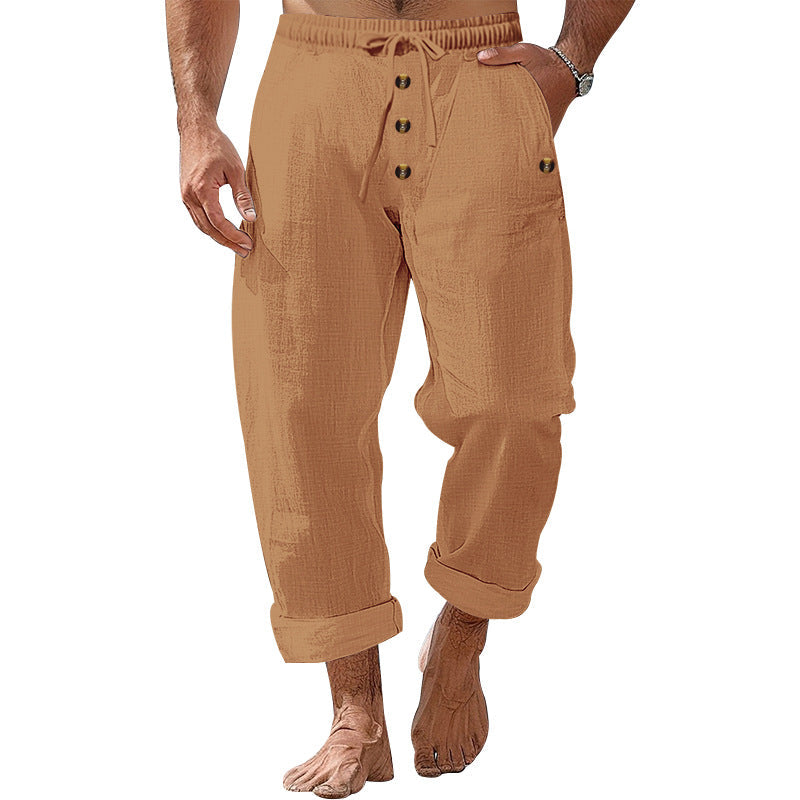 Herren nan lockere Leinen-Baumwoll-Hose mit elastischem Bund, Kordelzug und aufgekrempeltem Saum R&B