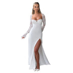 Damen Elegantes Maxikleid mit Spitzenärmel und seitlichem Schlitz R&B