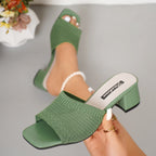 Damen nan luftige Strick-Slipper mit quadratischer Zehenform gepolstertem Komfortfußbett und mittelhohem Blockabsatz R&B