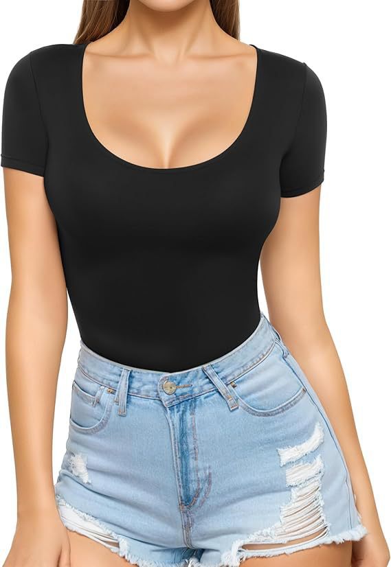 Damen figurbetontes Kurzarm-Body mit rundem Ausschnitt und nahtlosem Design R&B