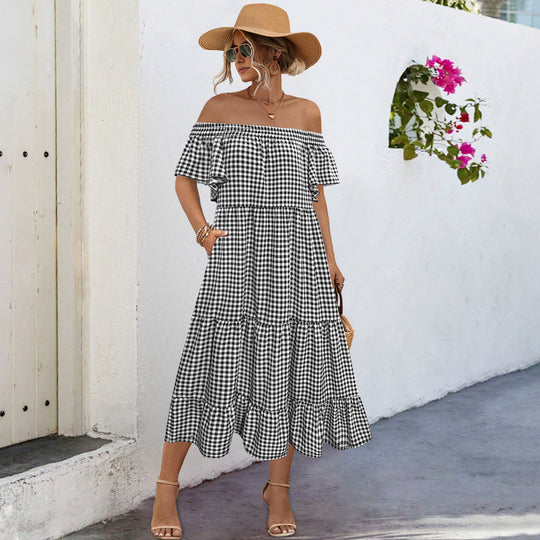 Damen Off-Shoulder Maxikleid mit raffinierten Rüschendetails und lockerer A-Linien-Silhouette R&B