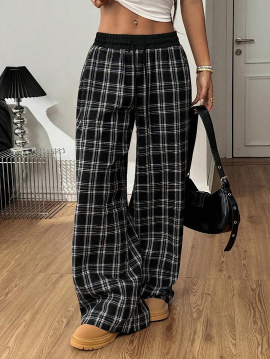 Damen weite Karohose mit elastischem Bund und seitlichen Taschen R&B