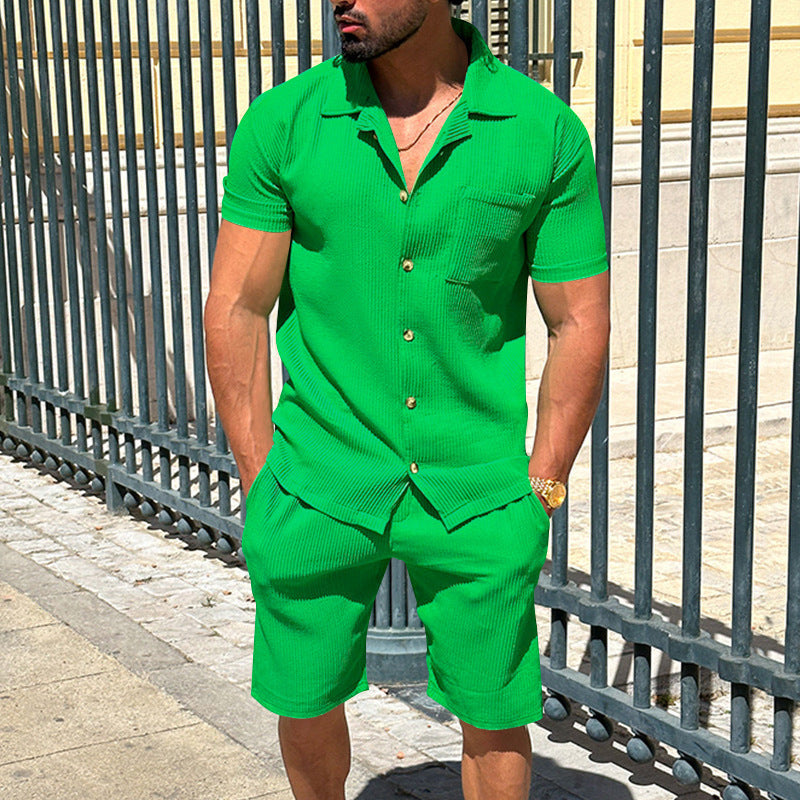 Herren nan lässiges zweiteiliges Freizeitset aus geripptem Jersey mit Hemdkragen Knopfleiste und Shorts R&B