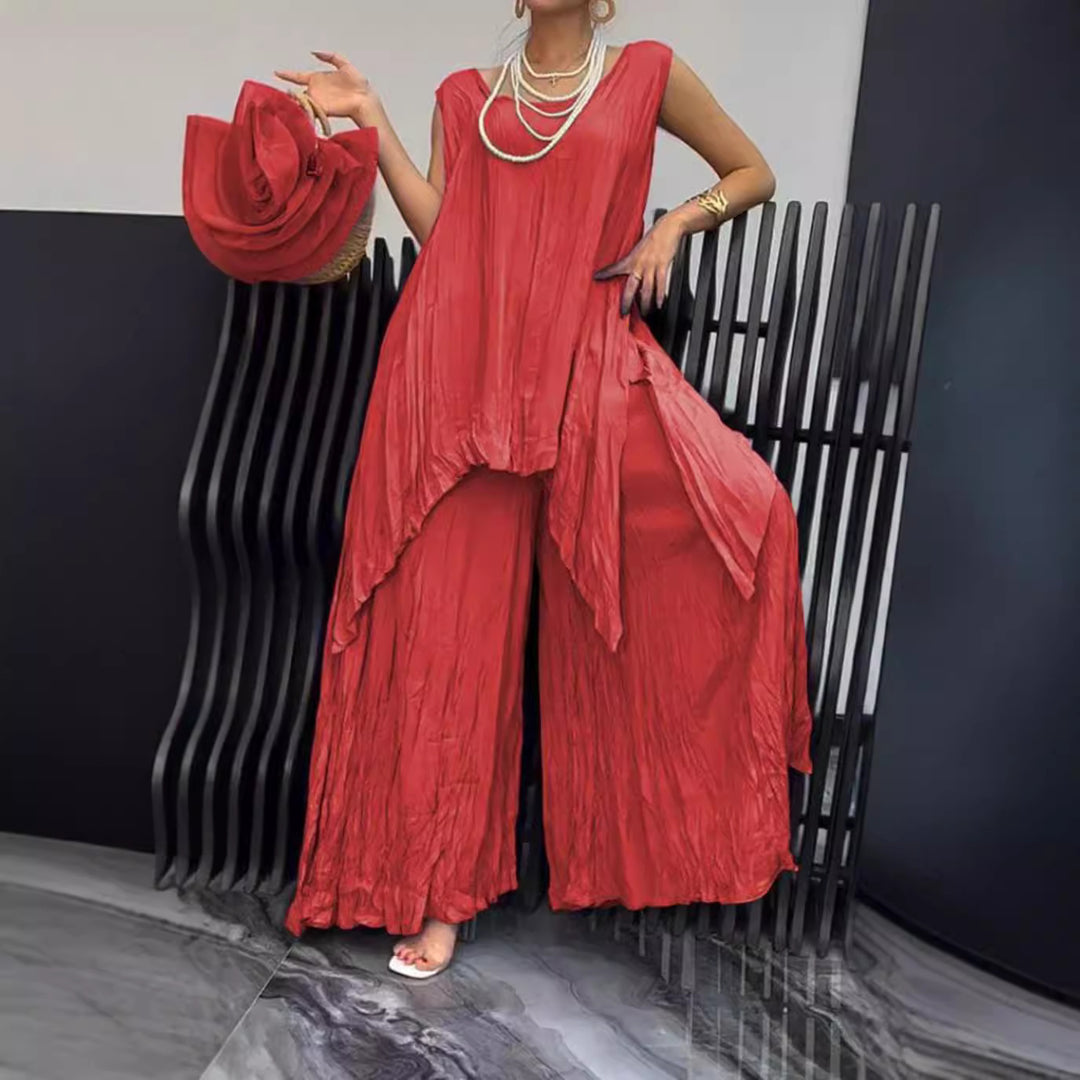 Damen nan luftiger Knitteroptik-Zweiteiler mit ärmelloser Tunika und weiter Palazzo-Hose R&B