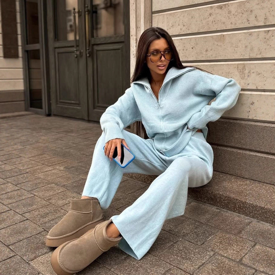 Damen kuscheliger Zip-Pullover mit weitem Kragen und Rippstruktur R&B