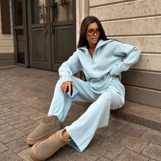 Damen kuscheliger Zip-Pullover mit weitem Kragen und Rippstruktur R&B