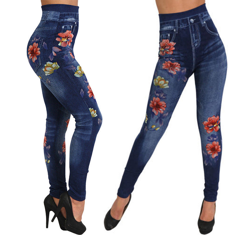 Damen Floral-Design Hochbund-Leggings aus Denim R&B