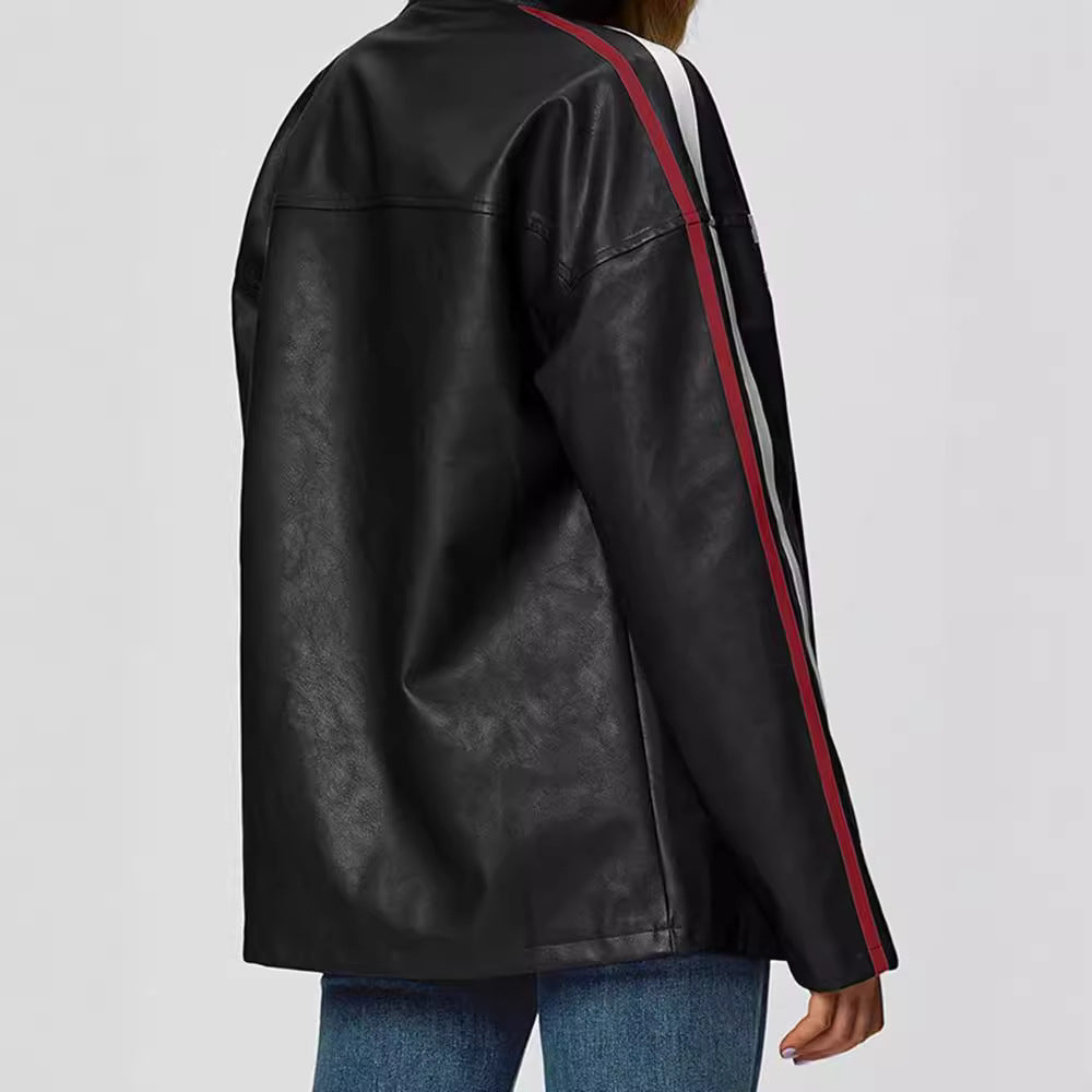 Damen Kunstlederjacke mit sportlichen Streifen R&B