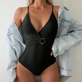 Damen Eleganter Einteiler Badeanzug mit verführerischem V-Ausschnitt und modischem Ringdetail R&B
