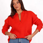 Damen lässiger Strickpullover mit modernem V-Ausschnitt und weit geschnittenen Ärmeln R&B