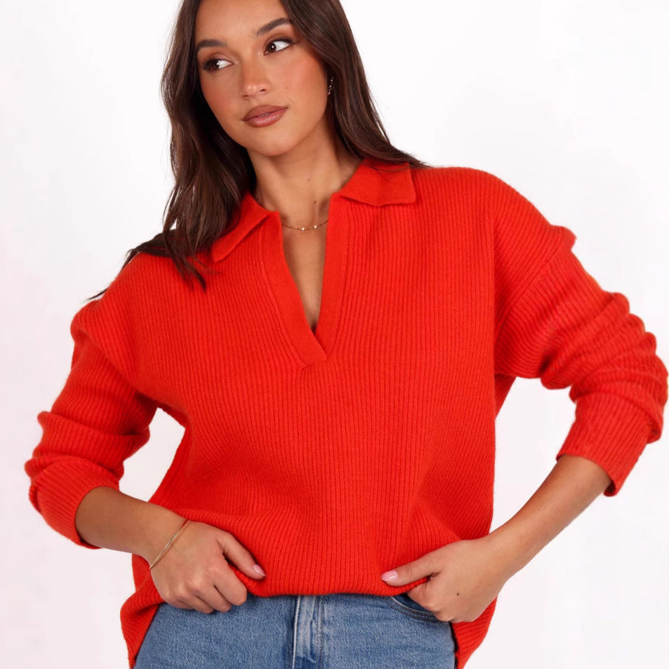 Damen lässiger Strickpullover mit modernem V-Ausschnitt und weit geschnittenen Ärmeln R&B