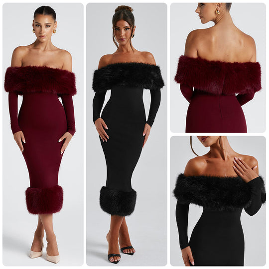 Damen Figurbetontes Kleid mit abnehmbaren Kunstfell-Akzenten R&B