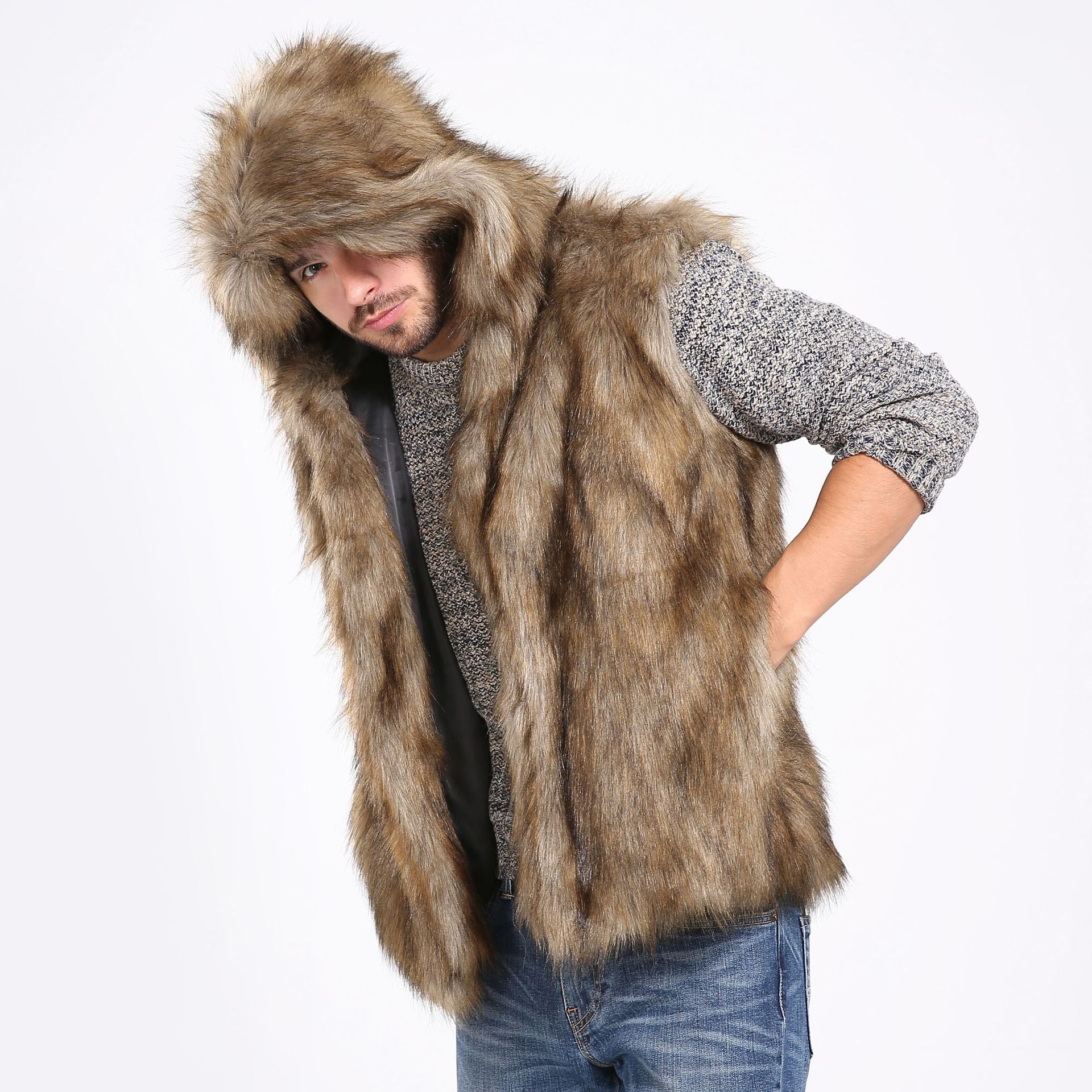 Herren Elegante Kunstpelzjacke mit Kapuze und seitlichen Taschen R&B