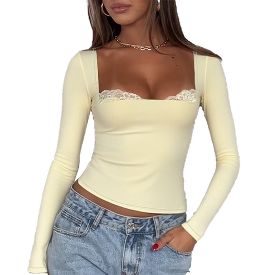 Damen Langarmshirt mit dezentem Spitzenbesatz und figurbetontem Schnitt R&B