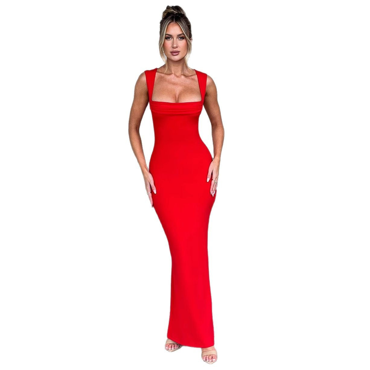 Damen Elegantes Langarm-Bodycon-Kleid mit quadratischem Ausschnitt und figurbetontem Schnitt R&B