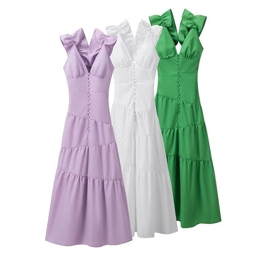 Damen Maxikleid mit schwingendem Rüschendesign und elegantem V-Ausschnitt R&B