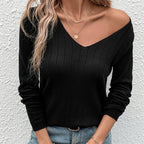 Damen V-Ausschnitt Pullover mit Rippstruktur und langen Ärmeln R&B