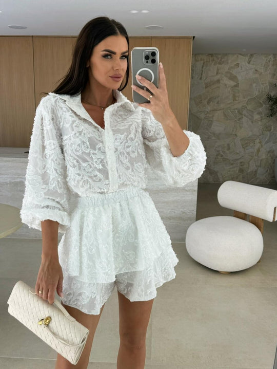 Damen Blusen-Kleid mit floraler Spitze und schwingendem Rock R&B