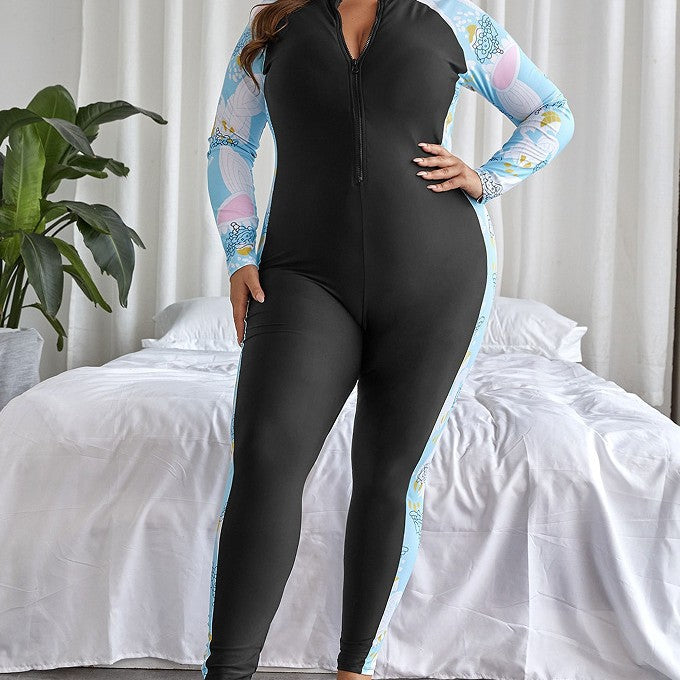 Damen Langarm-Schwimmanzug mit hohem Kragen und Reißverschluss R&B
