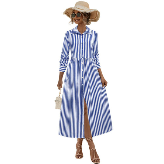 Damen Hemdblusenkleid mit vertikalem Streifenmuster und eleganter Knopfleiste R&B