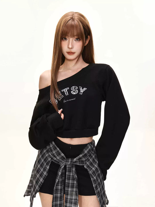 Damen nan einseitig offenes Cropped-French-Terry-Pullover mit voluminösen Ärmeln und Rippbund R&B
