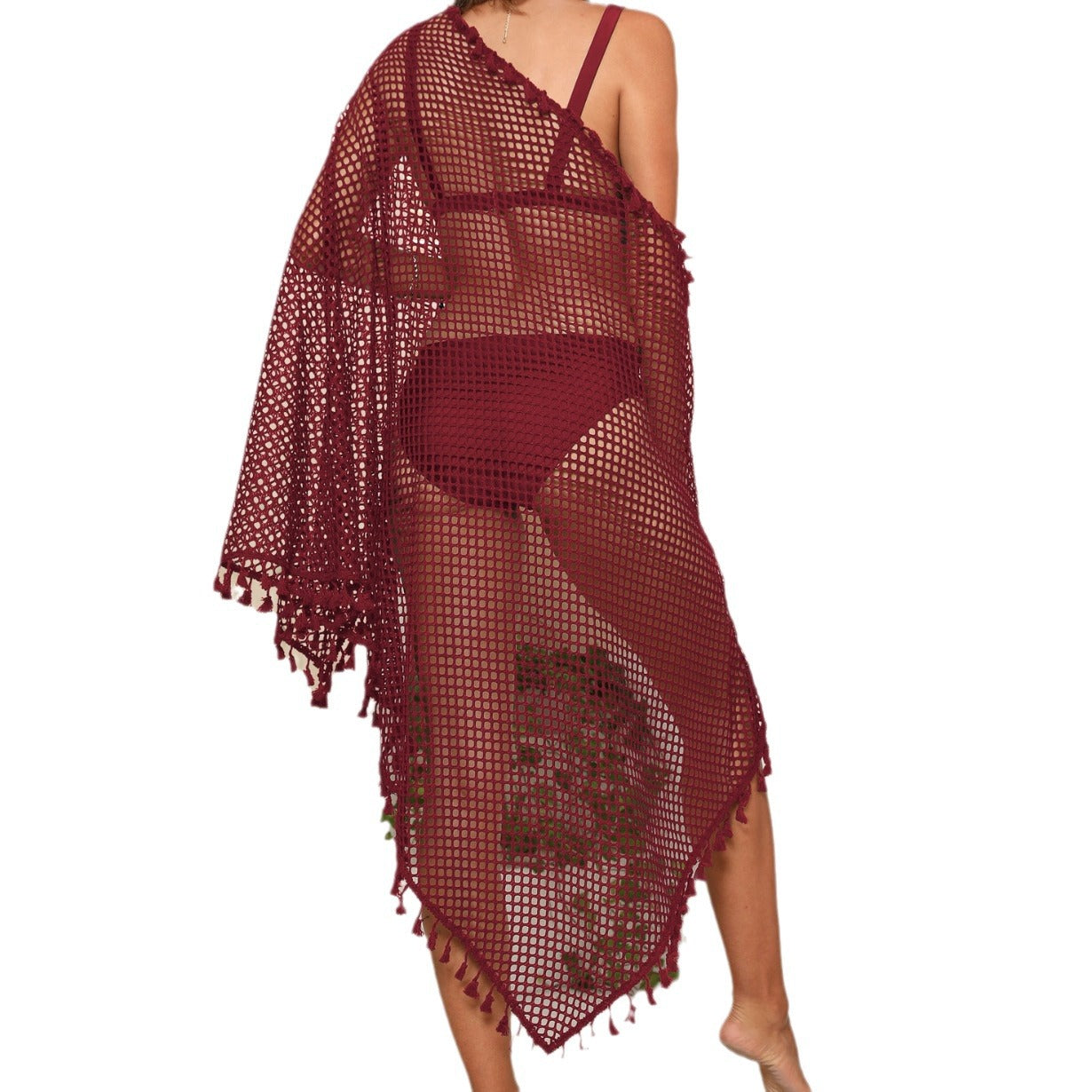Damen transparenter Häkel-Strandüberwurf mit Fransen R&B