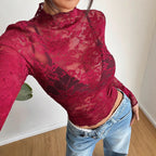 Damen nan figurbetontes transparentes Spitzen-Crop-Top mit hochgeschlossenem Kragen und integrierter Bustier-Form R&B